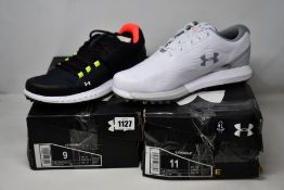 Two pairs of as new Under Armour spikeless golf shoes; Hovr Forge RC (UK 8) and Hovr Show (UK 10).