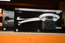 Two boxed Nikles Tronico 250 LED Airdrop fixed shower heads (542x254mm).