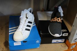 Two pairs of women's as new Adidas trainers; Superstar Ellure (UK 6) and Lite Racer Adapt (UK 7.5).