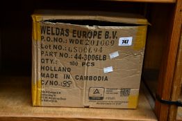 A box of Weldas PFR Rayon welding reflective hand shields (Approximately 100 items).