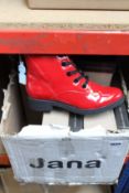 Eight pairs of as new Jana red patent boots (Assorted sizes).
