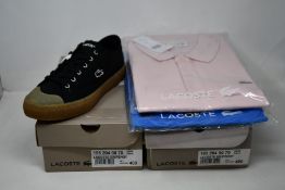 Two pairs of as new Lacoste Gripshot sneakers (UK 7), polo shirt (US M) and children's T-shirt (