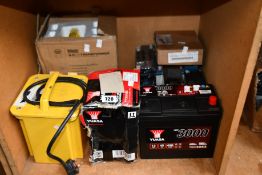 Miscellaneous batteries, transformers and related to include a Yuasa YBX 3000, a DFC -50P Charger