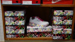 Seven pairs of children's as new Skechers Uno Lite Lovely Luv trainers (2 x UK 2, 3 x UK 3, 2 x UK