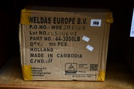 A box of Weldas PFR Rayon welding reflective hand shields (Approximately 100 items).
