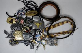 A quantity of belts, belt buckles, Bolo ties with brands to include Bergamot, Baron Buckles and