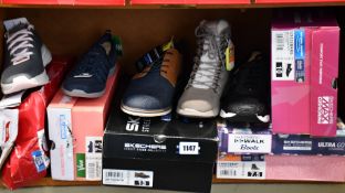 Five pairs of assorted as new Skechers footwear.