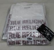 Four as new True Religion Descending Arch white T-shirts (M) and a Box Foil crew sweatshirt (L).