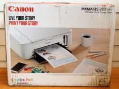 A boxed as new Canon MG3650S Wireless Inkjet Printer in White (Box sealed, damage to box).