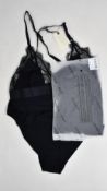 Four as new Love Stories Doris black bodysuits with lace trim (Size 3+/36 C-D - RRP £85 each).