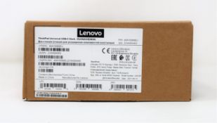 A boxed as new Lenovo ThinkPad universal USB-C Dock (PN: 40AY009EU) in black.
