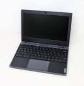 A pre-owned Lenovo 100e Chromebook with Celeron N4020 CPU, 4GB RAM and 32GB eMMC storage in black (