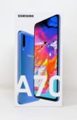 A boxed as new Samsung Galaxy A70 SM-A705MN/DS 6GB RAM 128GB ROM in Blue (Box sealed. UK plug).