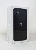 A boxed as new Apple iPhone 11 (A2221, Global) 64GB in Black (Box sealed. Some packaging text in