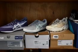 Four pairs of women's as new Asics trainers; Classic CT (UK 6), Gel-Torrance 2 (UK 6.5), Gel-