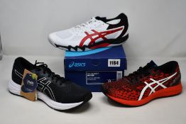 Three pairs of men's as new Asics trainers; Gel-Blade 7 (UK 7), Gel-Excite 7 (UK 9) and Gel-DS