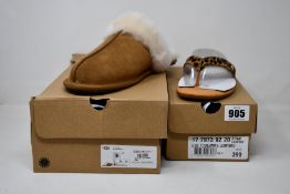 A pair of as new Ugg Toulumne flip flops (UK 4) and Scuffette II slippers (UK 7).