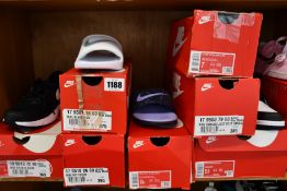 Three pairs of assorted Nike trainers and five pairs of Nike slides (Assorted sizes, one pair of
