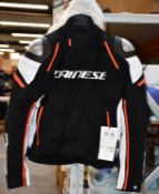 An as new Dainese Racing 3 leather jacket in Black/White/Fluo-Red (Size: 52).