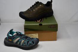 A pair of men's as new Keen Explorer Vent walking shoes (UK 11) and women's Whisper sandals (UK 4).