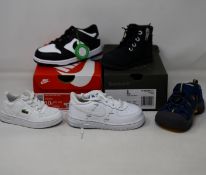 Six pairs of children's/infants assorted footwear to include Nike, Keen, Timberland and Lacoste.