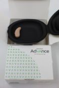 Two boxed Specsavers Advance Hearing aids; SlimRIC QI 819 SNW RGD and RIC LI 419 BG.