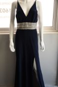 An as new Aqua Formal dress in navy blue with silver beaded detailing (Size 10).