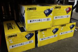 Five new Zanussi Easy Go ll 3L, 700W, 7.5M radius retractable cord vacuum cleaners (4 x blue, 1 x