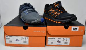 Two pairs of men's as new Merrell footwear; Wildwood GTX (UK 6.5) and Trail Glove 6 (UK 12.5).