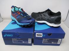 Two pairs of women's as new Asics trainers; Fuji Trabuco Pro (UK 4.5) and Gel-Zone 6 (UK 4.5).