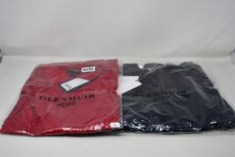 Five items of as new Glen Muir golf clothing; polo shirt in red (L), navy polo shirt with white