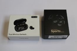 Sixty five TWS-S20 true wireless headphones in charging cases and fifteen true wireless sports