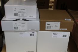 Five Crosswater plumbing accessories - a Crossbox Universal Rough-In Box, an MPRO Crossbox 2