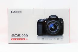 A boxed as new Canon EOS 90D DSLR Camera Body with EF-S 18-55mm IS STM Lens Kit (Box opened Two pin