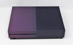 A pre-owned Xbox One S 1TB fortnight edition games console (model 1681) in purple (console unit
