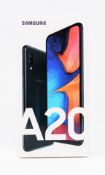 A boxed as new Samsung Galaxy A20 32GB 3GB SM-A205GN/DS in Black (Box sealed. Two pin plug).