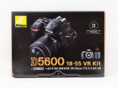 A boxed as new Nikon D5600 Digital SLR Camera (No lens included as stated on box) (Two pin plug