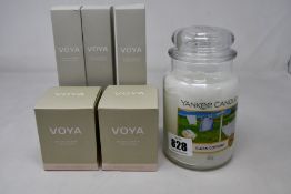 Two Voya Oh So Scented cedar and Bergamot luxury candles, three Oh So Scented luxury room sprays and