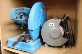 A pre-owned Silverline 335mm cut off grinder with extra discs and a pre-owned Makita bench grinder.