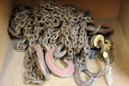 Three pre-owned two leg lifting chain and hooks (Sizes 1x 4ft, 1x 12ft and 1x 14.5ft).