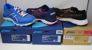 Three pairs of women's as new Asics trainers; Gel-Excite 7, Gel-Pursue 5 and Gel-Cumulus 21 (All