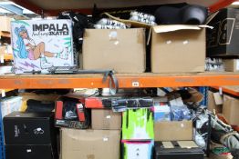 A large quantity of sports equipment and related items.