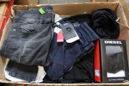 Assorted as new Diesel clothing; five pairs of jeans, a denim skirt, T-shirt dress, shirt (
