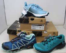 Three pairs of as new Salomon footwear; women's Speedcross 4 (UK 6), women's XA Elevate (UK 5) and