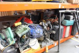 A quantity of pre-owned tools to include planners, drills, nail gun, sander, mitre saw and paint