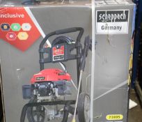 A boxed as new Scheppach HCP2600 3200W 200 Bar petrol pressure washer.