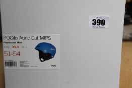 A boxed as new POCito Auric Cut Junior Ski Helmet - Fluorescent Blue (51-54, XS-S).