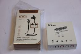 A quantity of wireless headphones in charging cases (Approximately 90 items).