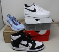 Three pairs of youths as new Nike trainers; Air Force 1 '07 (UK 4), Renew Element 5 (UK 5.5) and