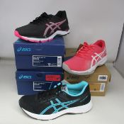 Three pairs of women's as new Asics trainers; Gel-Phoenix 10 (UK 7.5), Gel-Game 8 Clay OC (UK 6) and